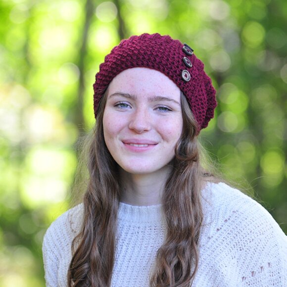 Handmade Burgundy Hat with Buttons, Crochet Toque Made in Canada - Picture 2 of 3